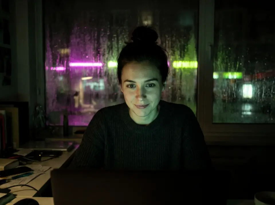 Illustration: a candidate at her desk at night, calm, as the interviewer sees her