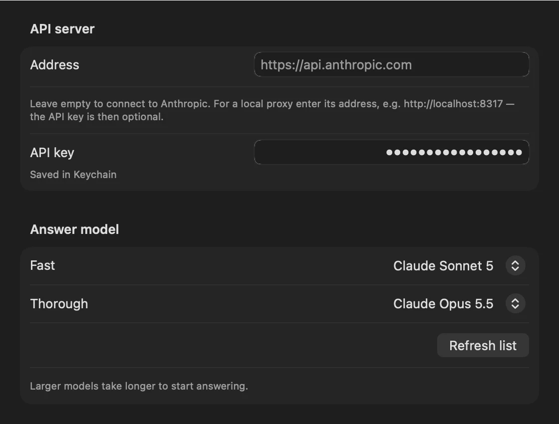 Paxhint Settings, Connection: the API server address, the API key saved in Keychain, and the models for Fast and Thorough